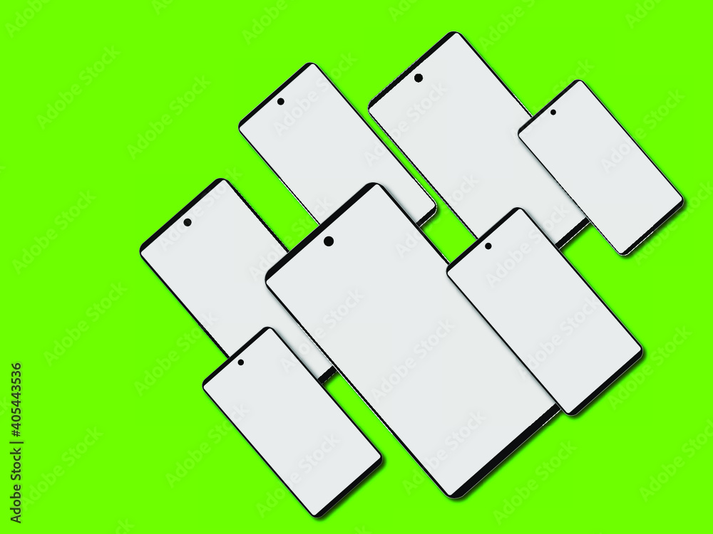 Template for infographics or presentation. Mockup generic device. Vector smartphone isolated on green background. Simple vector. 3d realistic phones. Group of phones