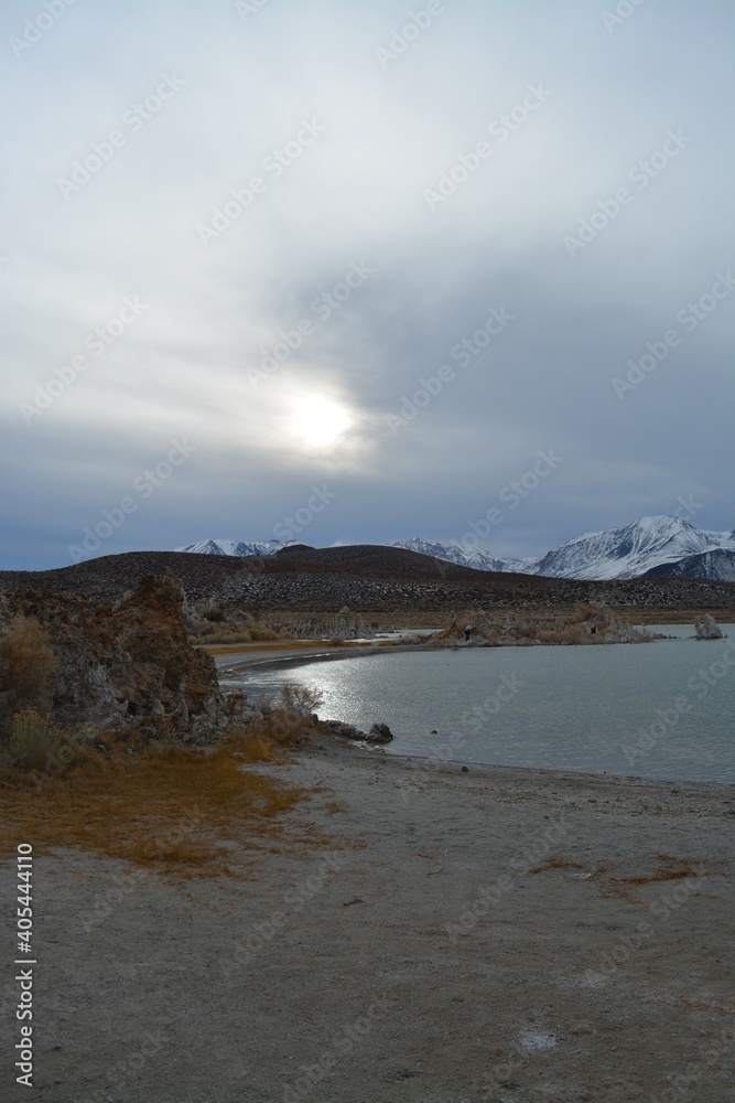 beautiful Mono Lake Tufa State Natural Reserve in eastern California on a cold December day, tufa pinnacles in dusk beautiful Mono Lake Tufa State Natural Reserve in eastern California on a cold December day, tufa pinnacles in dusk