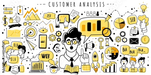Web analytics doodle horizontal illustration. Seo web analytics doodles elements horizontal illustration. Hand drawn vector icons. Website optimization hand drawn items.