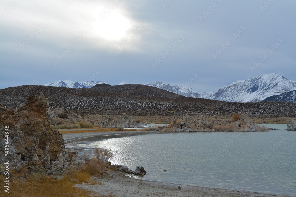 beautiful Mono Lake Tufa State Natural Reserve in eastern California on a cold December day, tufa pinnacles in dusk