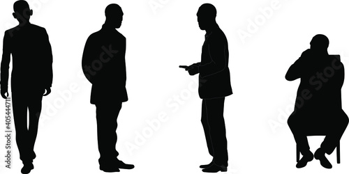 set of silhouettes of an African American businessman. A dark-skinned man walks, stands, sits, talks on the phone.