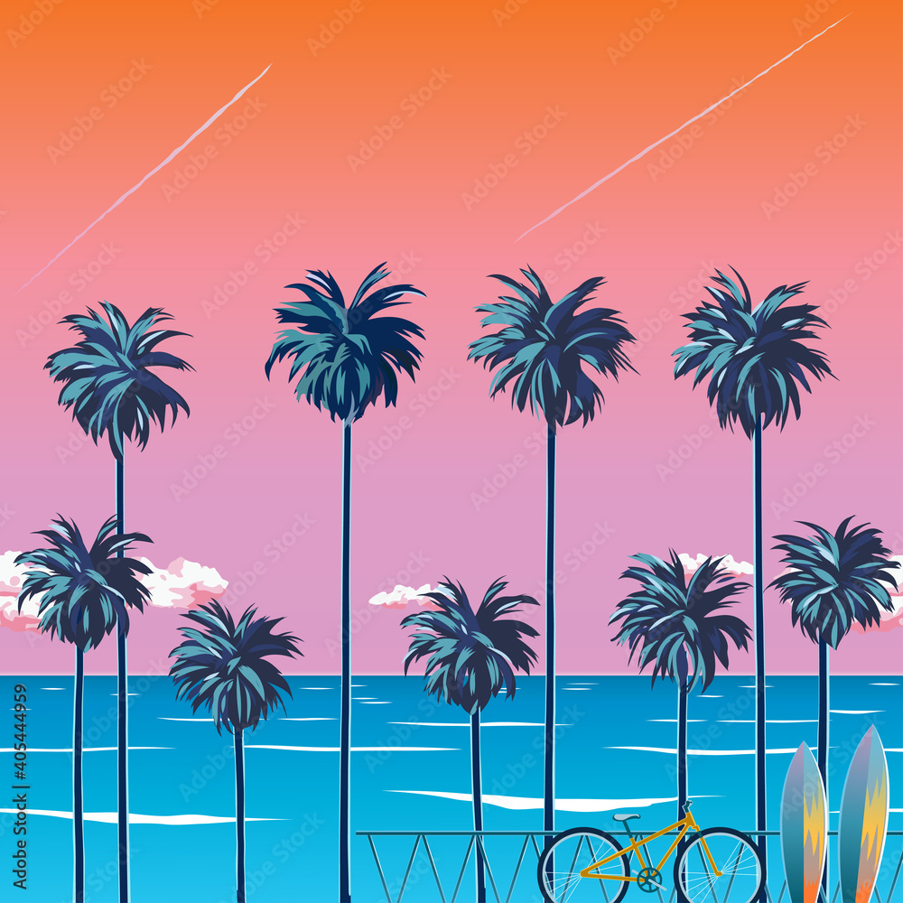 Sunset on the beach with palm trees, turquoise ocean and orange sky with clouds. Cycling on the beach. Tropical backdrop for summer vacation. Surfing beach. EPS 10 vector illustration