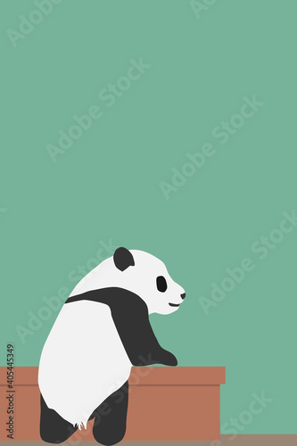 profile of a panda standing backwards, frame, copy space, vector, illustration, graphic, real, wood table, web header, flier, footer, smart phone header, mobile, smart phone size, vertical,	
