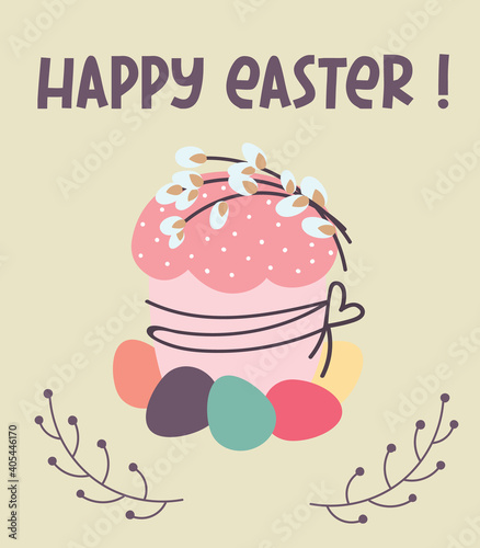 Happy Easter greeting card. cake  eggs  willow.