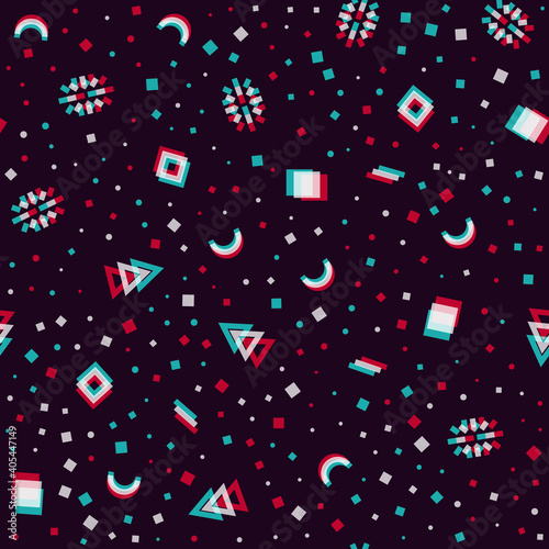 Vector seamless pattern, anaglyph geometric shapes, on a dark background