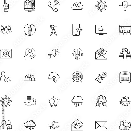 communication vector icon set such as: give, agitation, worker, file, generate, sharing, tower, optical, outbound, job, inspiration, resources, focus, text, engine, shout, staff, conversation, refer