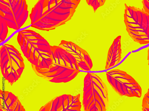Painted English Rose Leaf Patterns Collection. Romantic Botanical Vector Background. Summer Textile Design. Rose Leaves Seamless Pattern. Repeated Spring Peony Wallpaper. Saffron Yellow and Red