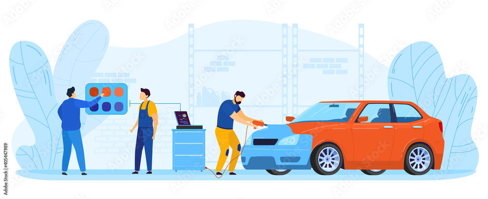 Car paint repair service vector illustration. Cartoon flat painter  repairman character working with sprayer equipment, painting auto body in  color chosen by driver, car workshop isolated on white Stock Vector | Adobe