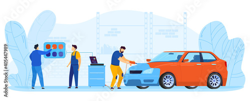 Car paint repair service vector illustration. Cartoon flat painter repairman character working with sprayer equipment, painting auto body in color chosen by driver, car workshop isolated on white