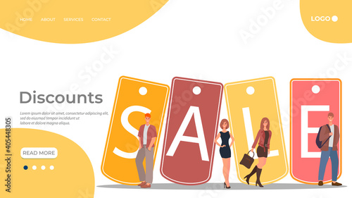 Young people are rushing to the sale.Discounts and discount coupons great package and the purse as a symbol of retail.Flat vector illustration.The template of the landing page.