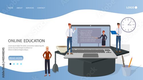 Online education, e-learning.The teacher conducts the lesson on a laptop screen on an academic cap.Home schooling, distance learning, and passing exams.Online courses and advanced training.