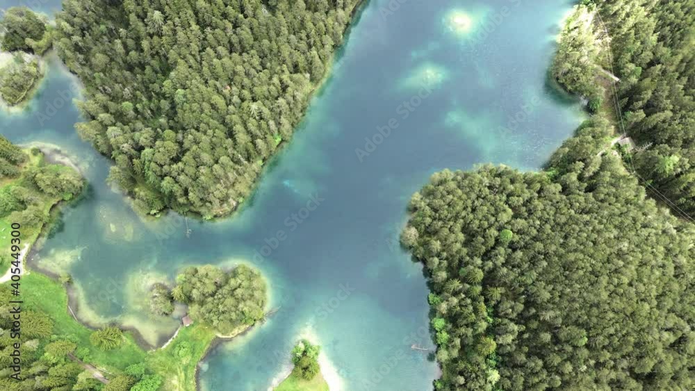 ein alpen see mit einer bewaldeten insel umgeben von blau türkisen wasser von oben betrachtet