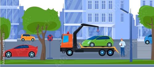 Car tow truck repair service vector illustration. Cartoon flat towtruck carrier with crane assists with auto car breakdown, towing automobile in urban cityscape. Towage assistance on road background