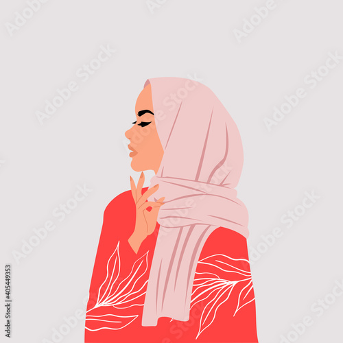 Muslim woman wearing hijab side profile with thinking hand pose. International women's day clip art. Flat style vector design.