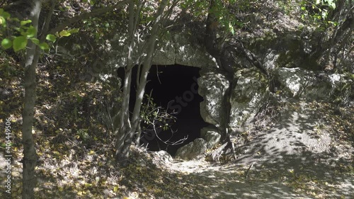 Earthen structure, an ancient underground storage and shelter for people, entrance on the mountainside in the forest
 photo