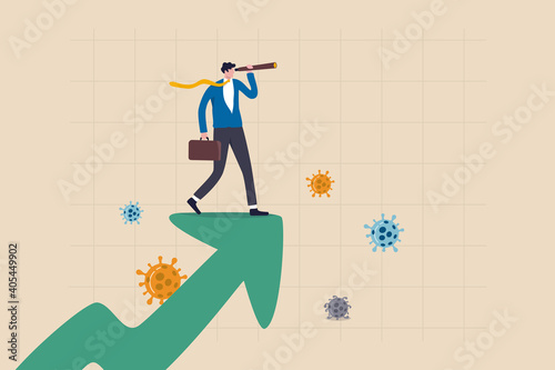 Post pandemic vision, economic outlook after Coronavirus COVID-19 crisis concept, smart businessman standing on upward rising growth graph using telescope to see the way forward with virus pathogen.