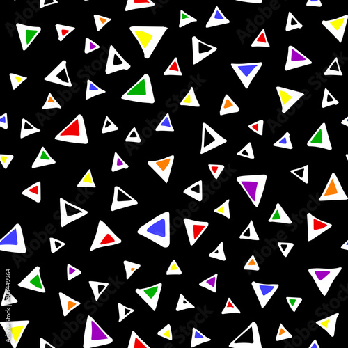 Seamless abstract vector pattern with hand-drawn colorful triangles with white contour on black background. Wallpaper, textile, wrapping, graphic design. Neutral design