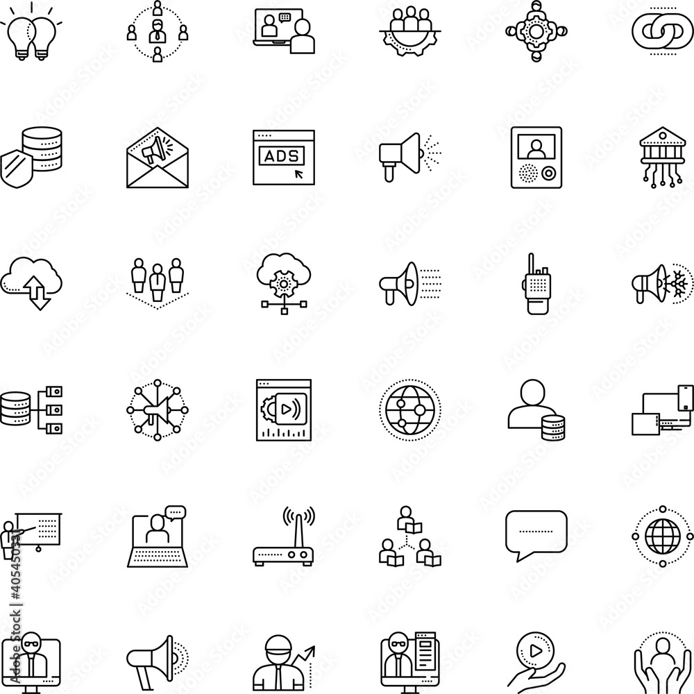 communication vector icon set such as: demonstrate, e learning and education, multimedia, agitation, avatar, analysis, women, wireframe, manager, presenting, search, psychology, wall, walkie-talkie