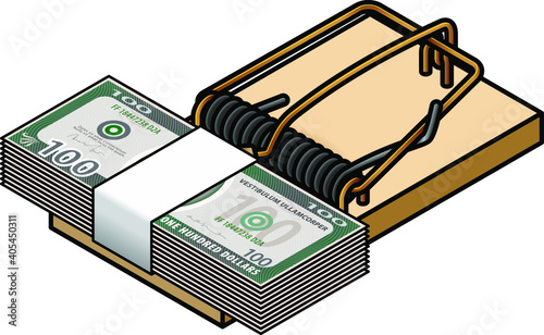 A mouse trap baited with a wad of money. Concept: money/greed trap.