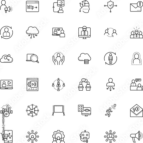 communication vector icon set such as: workforce, page, note, e-commerce, form, class, pc, finance, click, assistant, add, avatar, settings, broadcast, student, document, sensor, magnifier, give