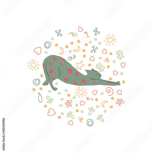 Cosy hand drawn cat with decorations. Hearts. Vector illustration. Editable lines. Colored  round background  cute pattern.