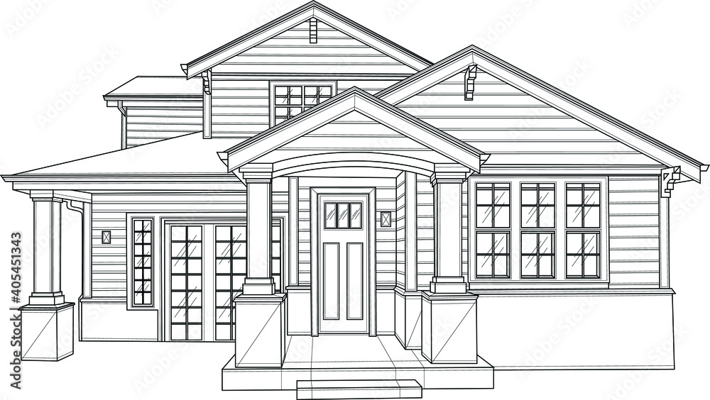 Realistic house sketch template. Graphic vector illustration in black and white for games, background, pattern, wallpaper, decor. Coloring paper, page, story book. Print for fabrics and other surface.