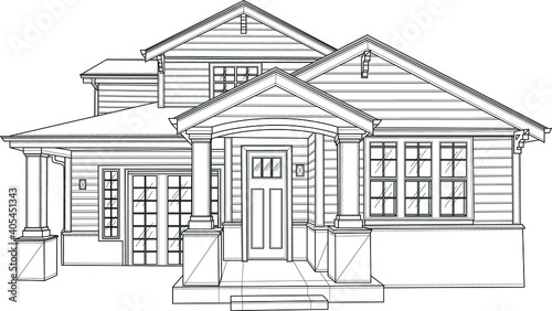 Realistic house sketch template. Graphic vector illustration in black and white for games, background, pattern, wallpaper, decor. Coloring paper, page, story book. Print for fabrics and other surface.
