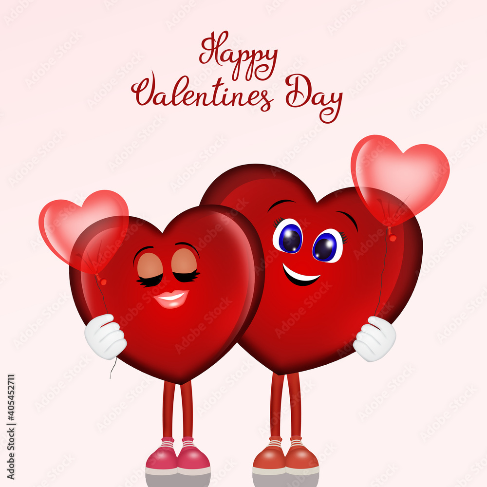 postcard for Valentine's day with couple of hearts with heart shaped balloons postcard for Valentine's day with couple of hearts with heart shaped balloons