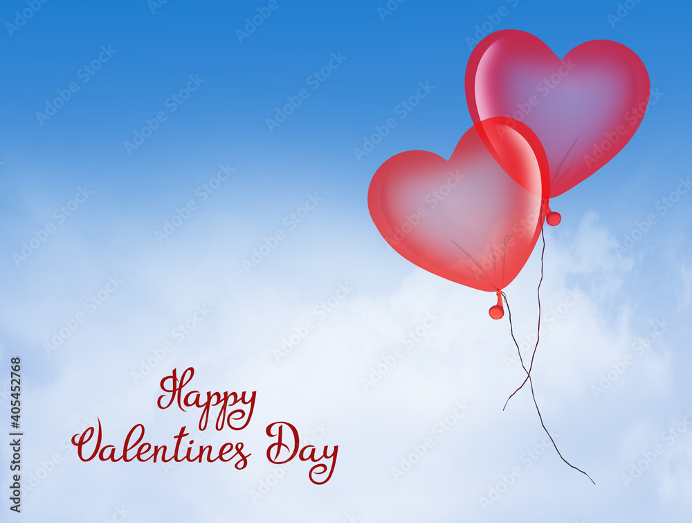 illustration of hearts shaped balloons in the blue sky