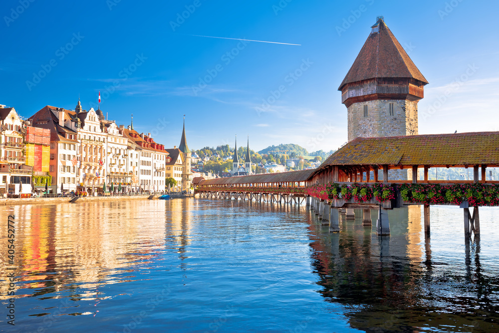 Luzern wooden Chapel Bridge and tower panoramic view