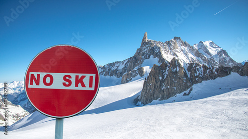 No ski in winter 2021 due to coronavirus pandemic. Snow and glaciers on the background