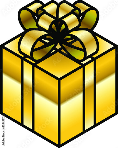 A cubic present wrapped in gold foil and gold ribbon.