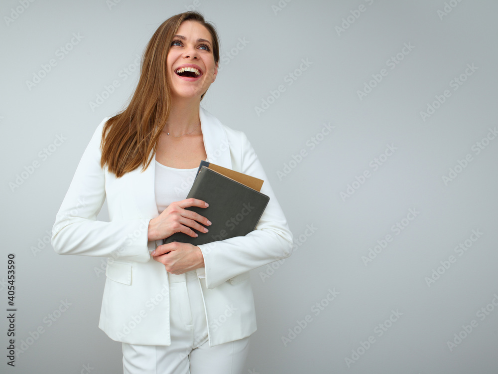 Smiling teacher dressed white suit for advertising your online business course. Smiling teacher dressed white suit for advertising your online business course.