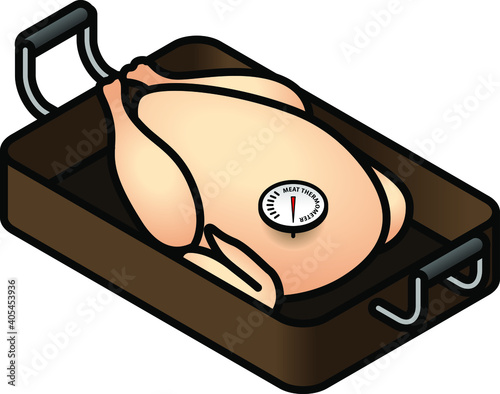 A chicken/turkey roast in a roasting pan with a meat thermometer.