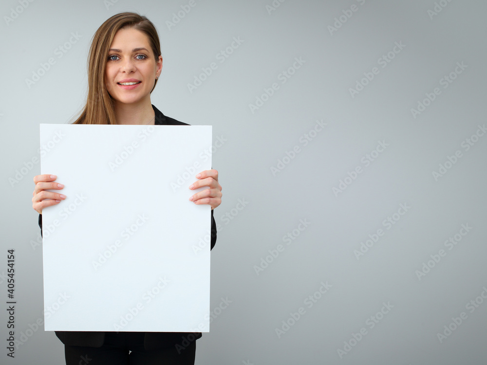 Buisness woman holding white empty sign board. Buisness woman holding white empty sign board.