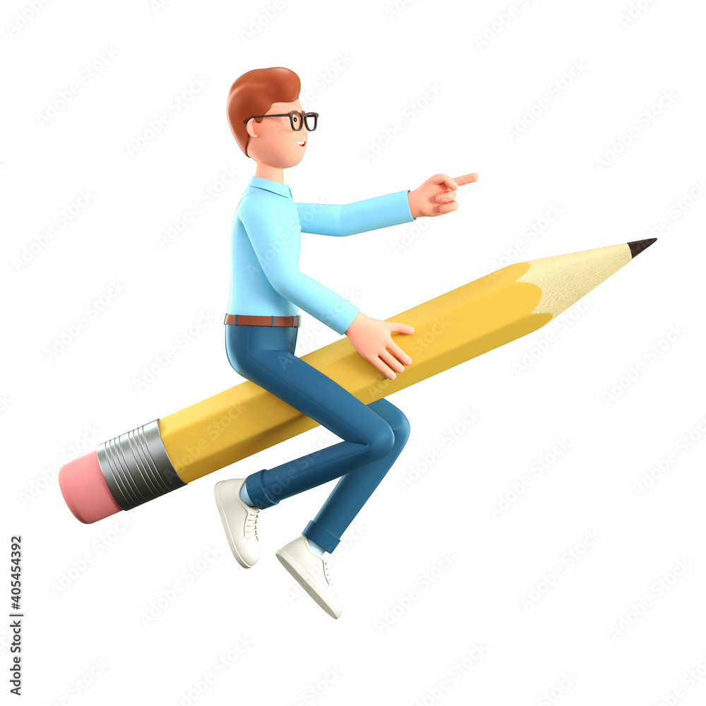 3D illustration of creative man flying in air on a big pencil and pointing at direction. Cartoon businessman, isolated on white background.