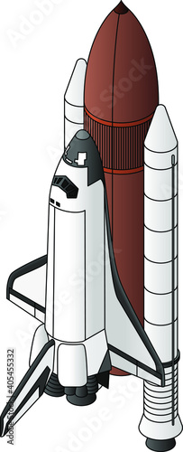 A space shuttle in launch configuration with booster rockets and external fuel tank.