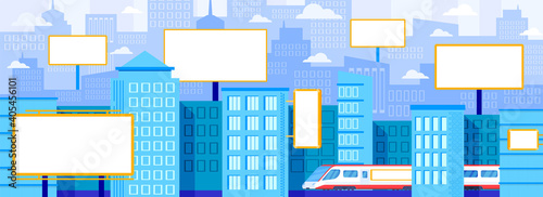 City advertising billboard vector illustration. Cartoon flat modern subway train, office skyscraper buildings and residential home apartments in downtown, white blank bill board advertise background