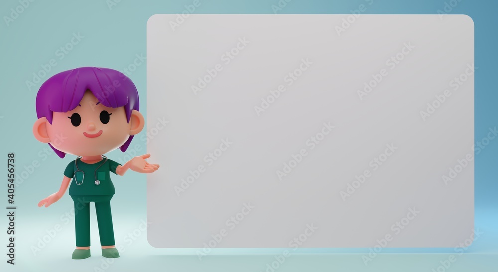 3D Rendering illustration of cute female doctor character explaining, introducing, pointing at blank banner, board with copy space