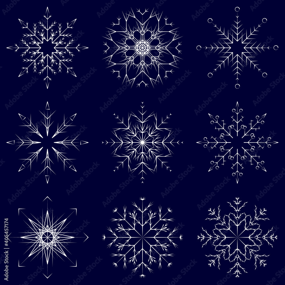 Vector collection of artistic icy abstract crystal snow flakes isolated on background as winter december decoration group or collection. Ice or frost beautiful star ornament silhouette or season art Vector collection of artistic icy abstract crystal snow flakes isolated on background as winter december decoration group or collection. Ice or frost beautiful star ornament silhouette or season art