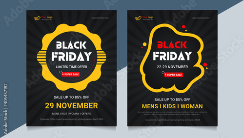 Black Friday sale flyer template. Dark background with red and black discount offer.