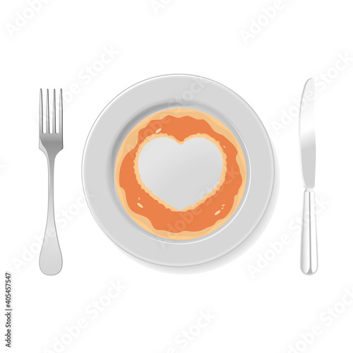 Pancake on a plate with a cut out heart, vector art illustration.