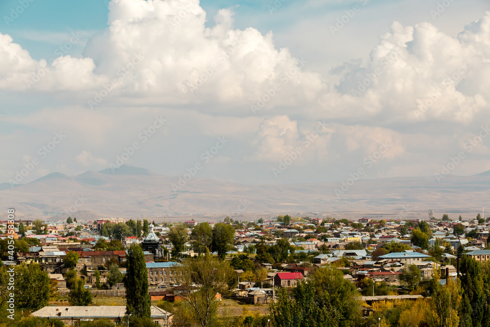 Beautiful view of the city of Gyumri against the backdrop of the mountains, Armenia