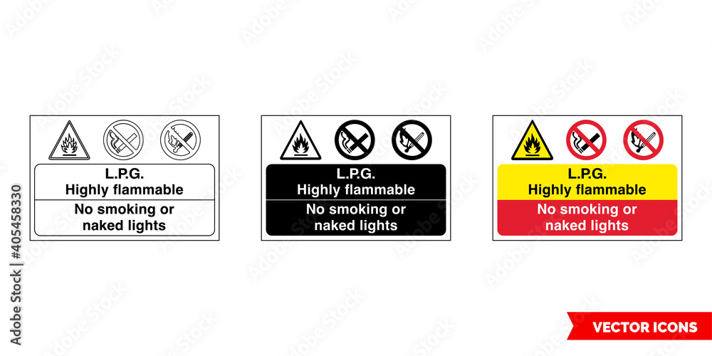 L.P.G highly flammable no smoking or naked lights fire prevention and explosive hazard sign icon of 3 types color, black and white, outline. Isolated vector sign symbol. L.P.G highly flammable no smoking or naked lights fire prevention and explosive hazard sign icon of 3 types color, black and white, outline. Isolated vector sign symbol.