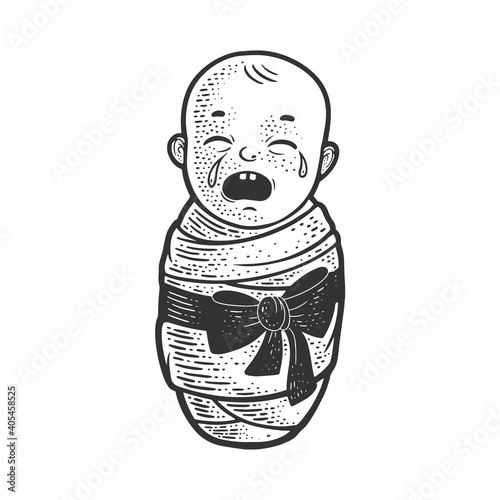 crying baby sketch engraving vector illustration. T-shirt apparel print design. Scratch board imitation. Black and white hand drawn image.