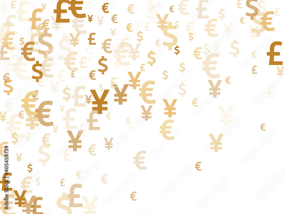 Euro dollar pound yen gold icons scatter money vector background. Forex pattern. Currency tokens