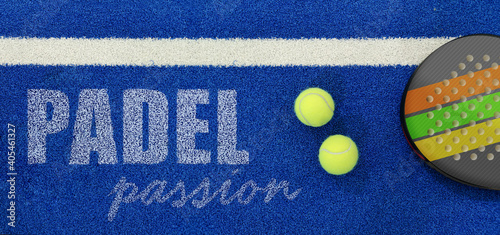 Padel passion text on a blue background with racquet and yellow balls