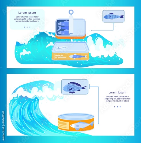 Sea fish can packaging vector illustration set. Cartoon flat seascape with blue waves and canned tin of fish fillet food product in aluminium container package, seafood preserves production background