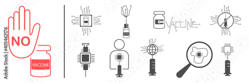 Vector icon set, covid-19 vaccine. end of coronavirus. Anti vaccine. Anti chip. 2021 world antivaccine