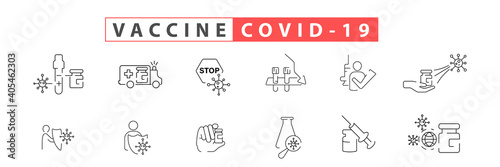 Corona line vaccine icon set. 2021 Included the icons as vaccination, coronavirus vaccinator, COVID-19, syringe and more.